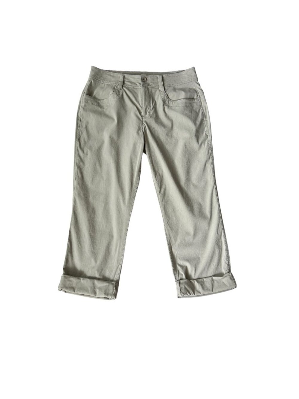 Eddie Bauer women's beige stretchy snap up cropped or full length pants size P6